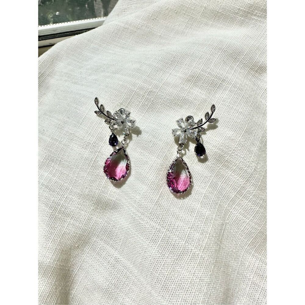 Purple Ombre Cubic Zirconia Tear Drop Flower Dangle Earrings